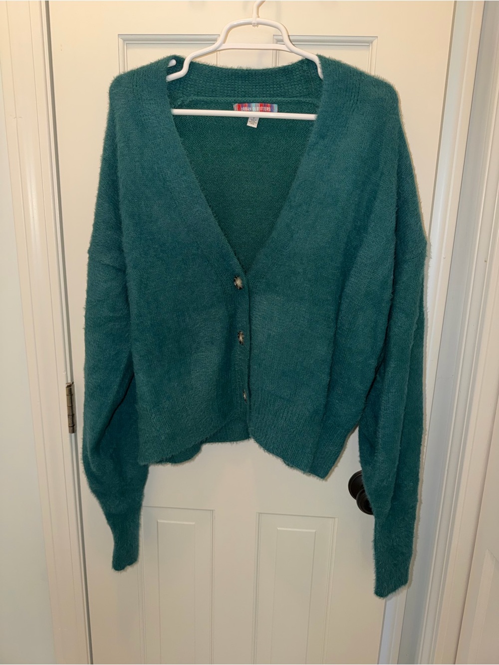Urban Outfitters Green Fuzzy V‑Neck Button Cardigan